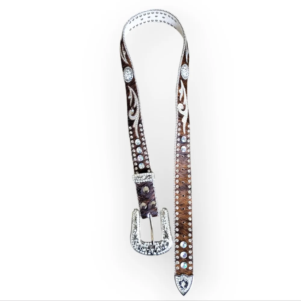 Nocona Women's Calf Hair On Hide Rhinestone Leather Western Belt Brown Silver M